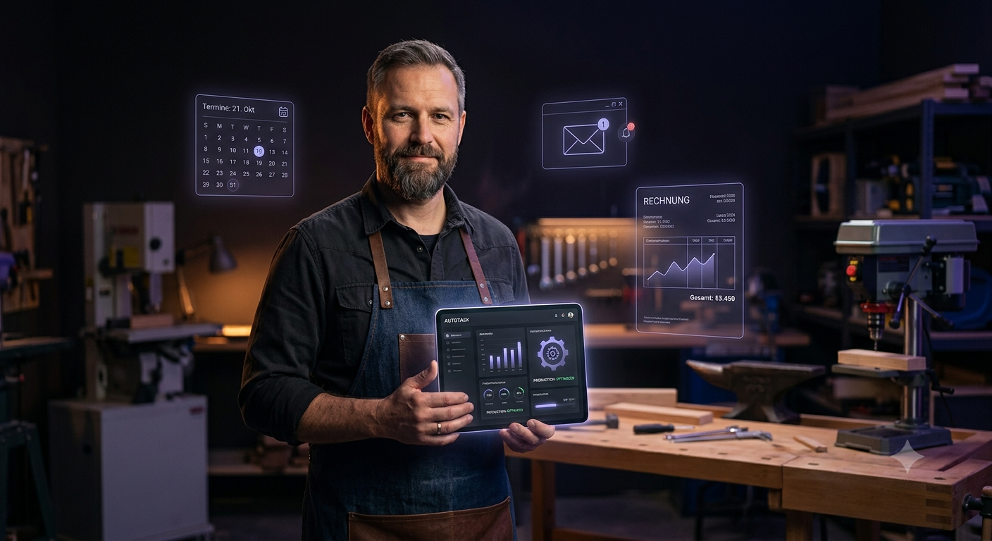 Handwerker mit Tablet, das ein KI-Dashboard für Büroaufgaben zeigt